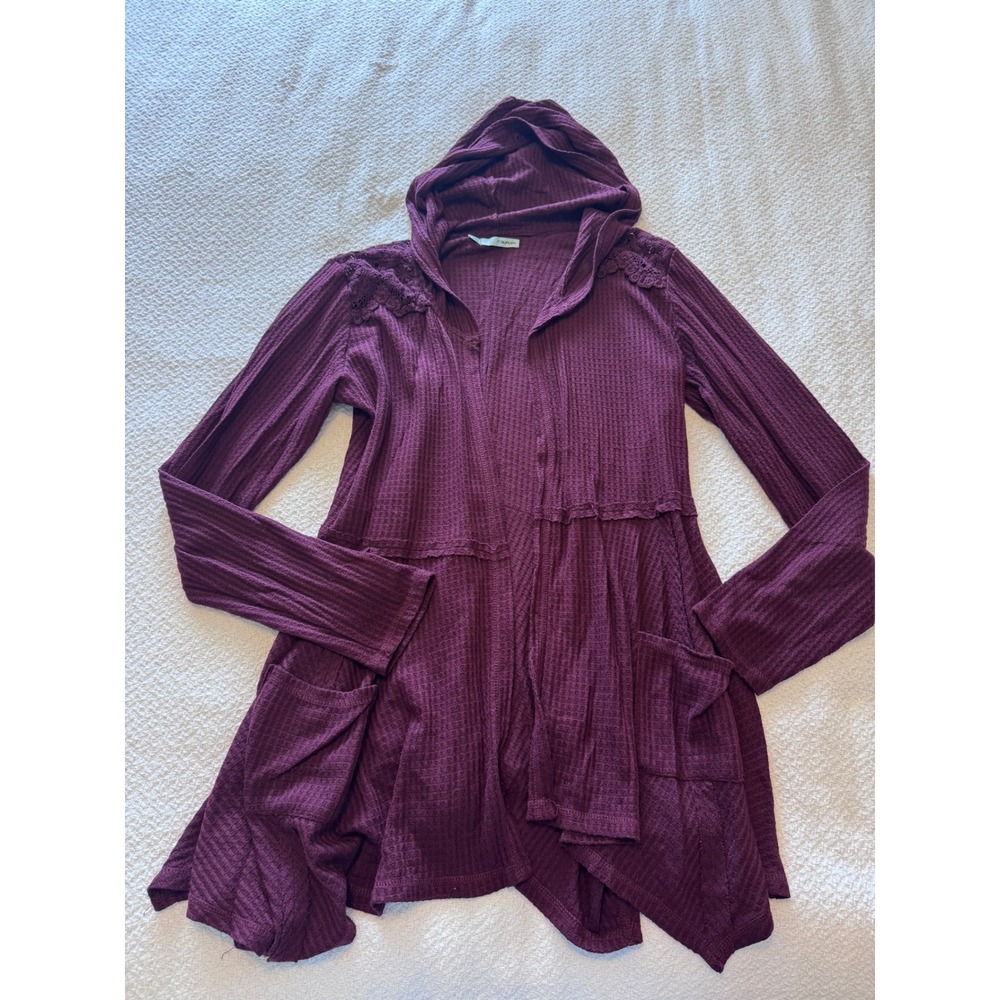 Maurices Burgundy Waffle Knit Hooded Cardigan Lace Shoulder Open Front Large